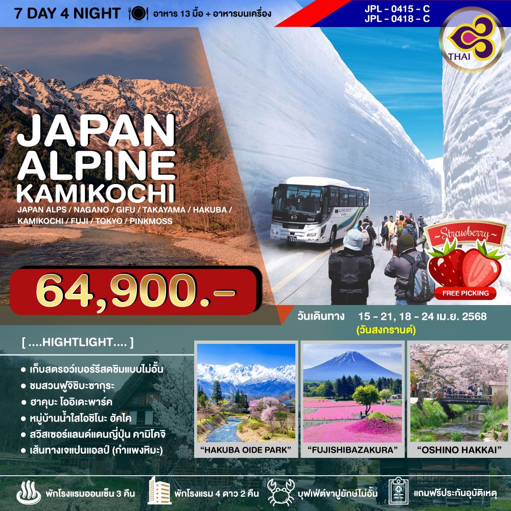 ทัวร์ญี่ปุ่น JAPAN ALPINE KAMIKOCHI PINKMOSS 7วัน 4คืน (TG)